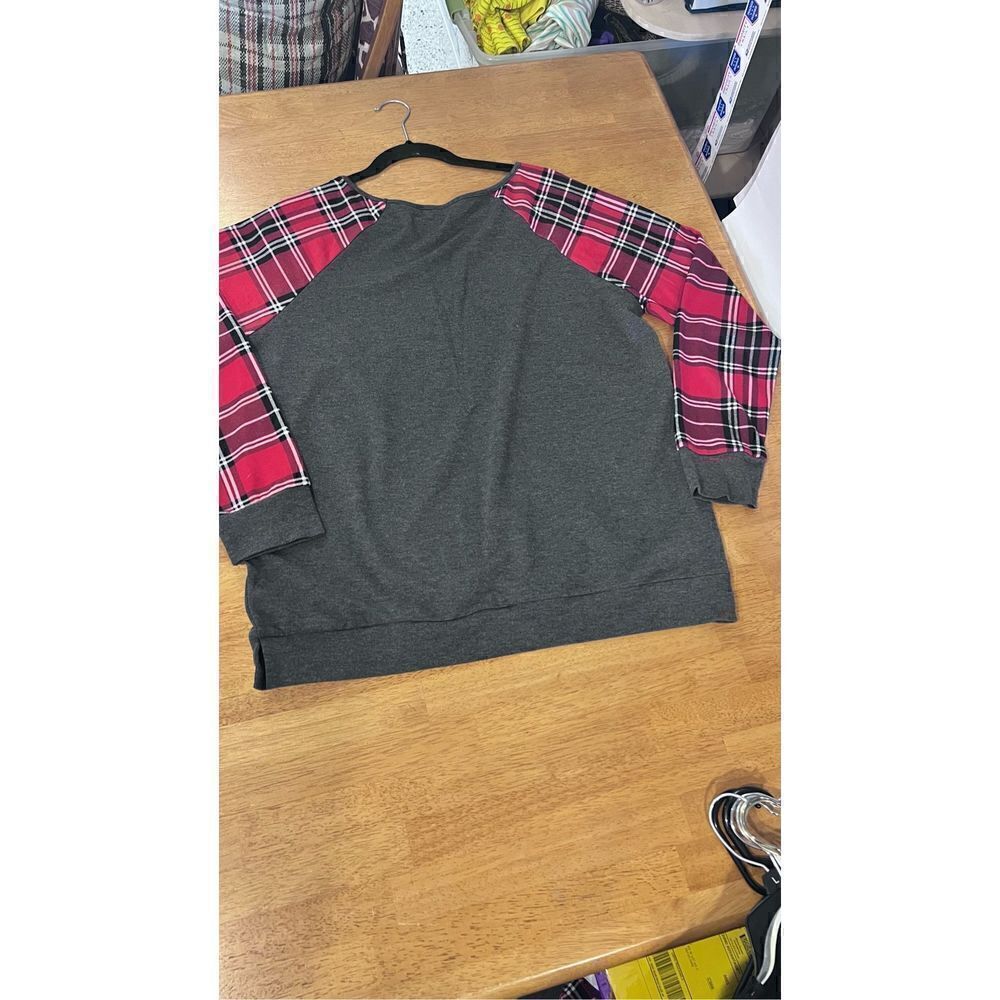 GRAY TOP WITH BUFFALO PLAID SLEEVES GOLD SEQUIN POCKET WOMENS SIZE XL CHRISTMAS - Picture 10 of 10